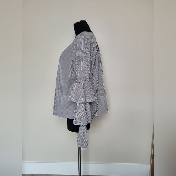 Abound Flutter Sleeve Blouse 100% Cotton Dramatic Striped Career Romantic Large - Picture 4 of 12